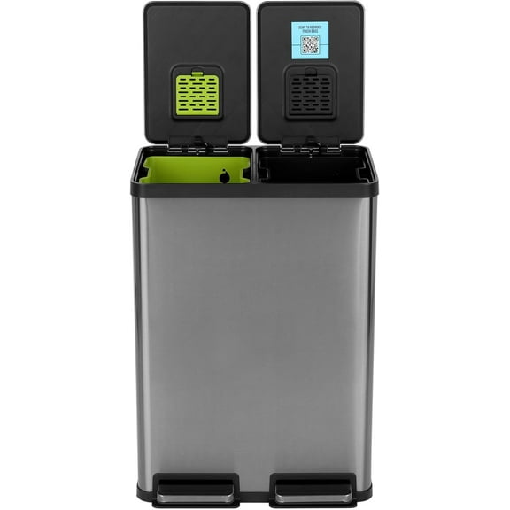 16 Gallon (60L) Elegant Black Step Trash Can – Dual Compartment Kitchen Garbage Can with Waste & Recycling Bins – Slow-Close Lid, Odor Control, Hands-Free, Premium Stainless Steel