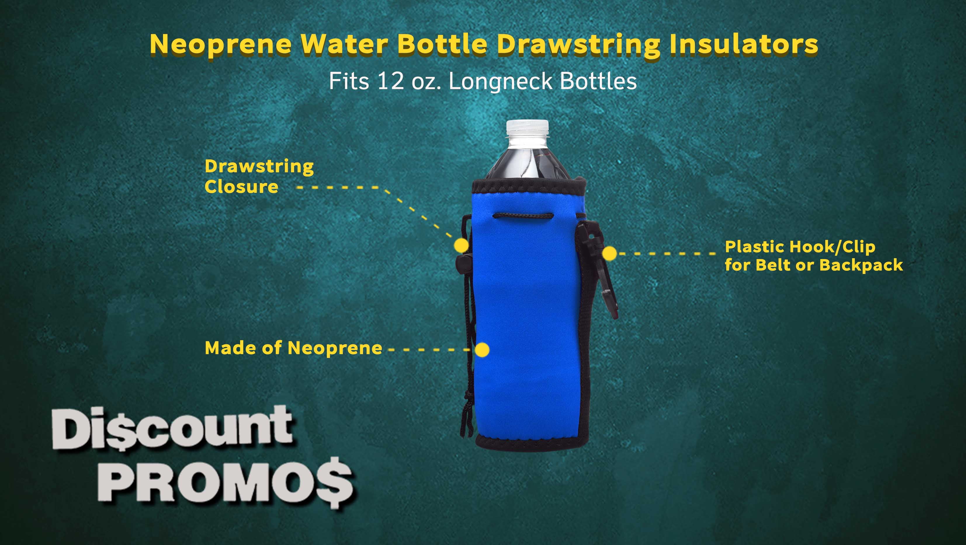 10 Neoprene Water Bottle Drawstring Insulators Pack - 12 oz. Longneck, Hook - Royal Blue