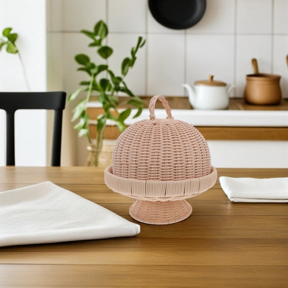 OULII Round Wicker Serving Dish with Lid Khaki Bread Basket for Home and Holiday