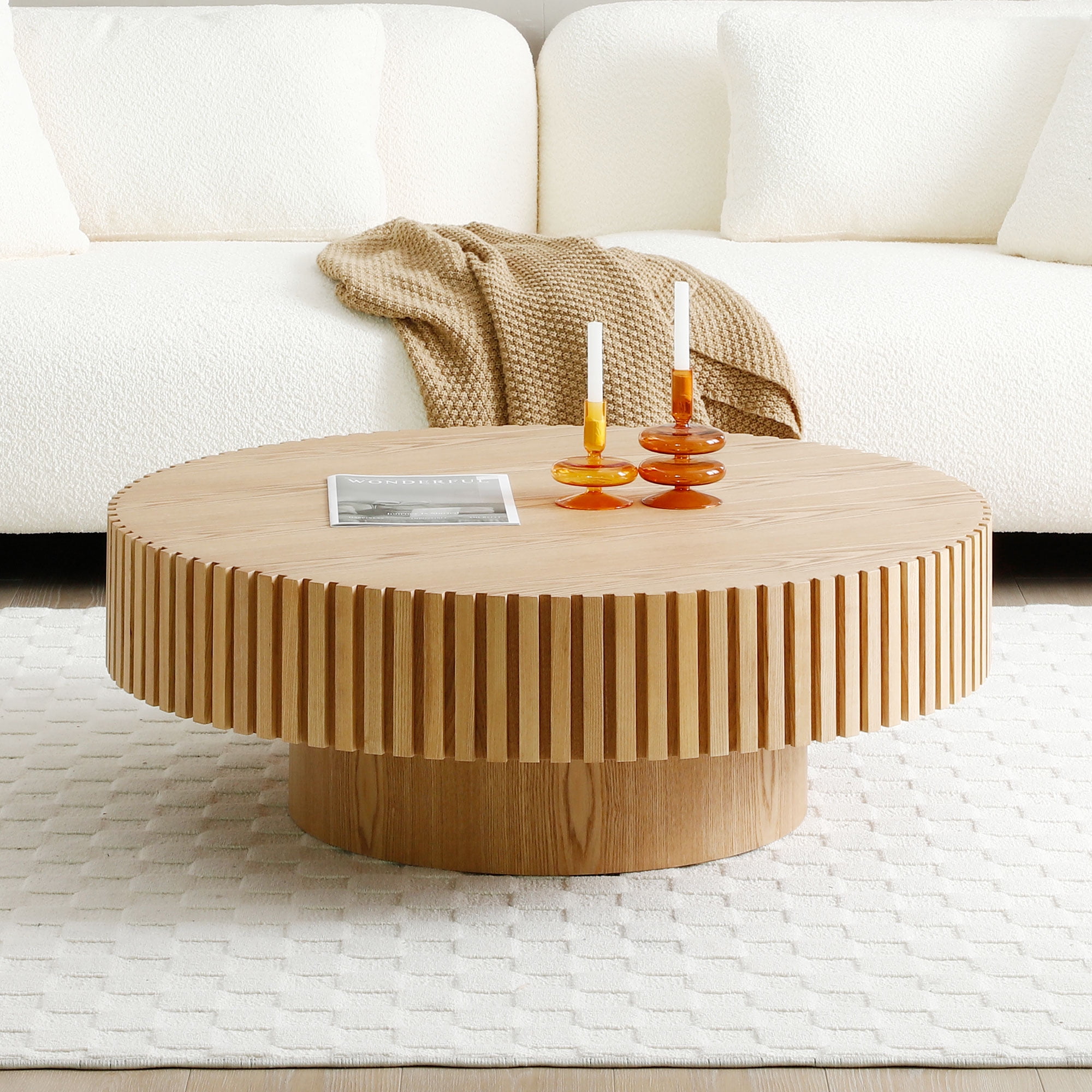 Williamspace Round Coffee Table, 39.37" Modern Handcraft Relief Wood Coffee Table Circle Drum Side Table Accent End Table Center Table for Living Room, Natural Ash