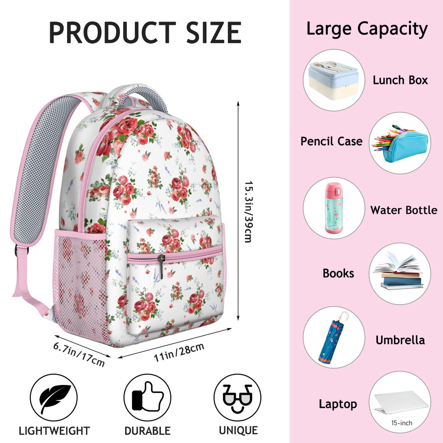 Romantic Rose and Peony Pattern Bookbag - Lightweight School Backpack with Padded Straps