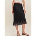 thumbnail image 2 of Black Silk Satin Midi Skirt With Lace Hem Elastic Waist A-Line Flowy, 2 of 7