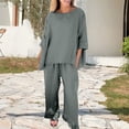 thumbnail image 2 of NMMUED Linen Outfits Women 2 Piece 3/4 Sleeve Top Wide Leg Pants Spring Airport Clothes Linen Lounge Summer Flowy Boho Outfits Cotton Linen Casual Outfits for Women Gray XXL, 2 of 8