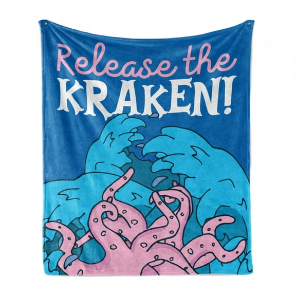 Kraken Soft Flannel Fleece Blanket, Release the Kraken Motivation Words Print with Grunge Modern Illustration Print, Cozy Plush for Indoor and Outdoor Use, 60" x 80", Pink Royal Blue, by Ambesonne