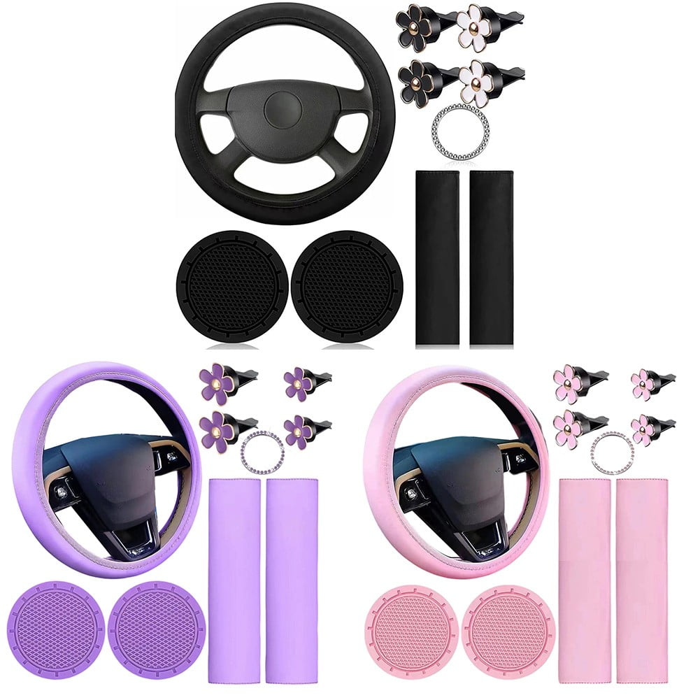 For Most Cars Feminine Car Decor Car Accessories Set Car Interior Decoration Pink Stylish Steering Wheel Cover