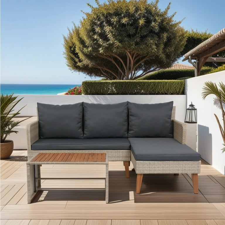 3 Piece Patio Sectional Wicker Rattan Outdoor Furniture Sofa Set Natural Yellow Wicker Dark Grey Cushion Walmart