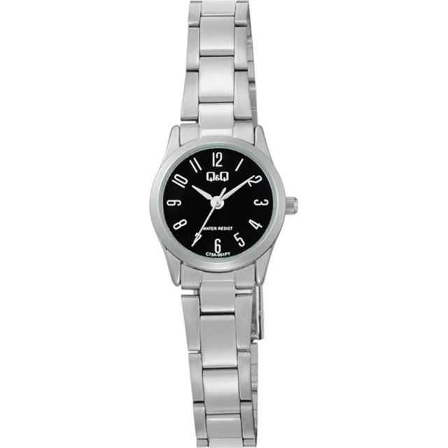 reloj q&q c75a-001py ladies-acero reloj dama plateado con caja circular de 22 mm en acero inoxidable; esfera negra análoga con números arábigos y finas manecillas, cristal mineral, correa de eslabones en acero y resistencia al agua 30 m (3 ATM), a menudo usado como accesorio formal para pulseras finas.