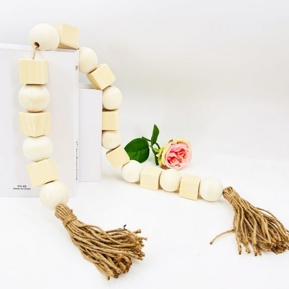 Wood Bead Garland with 15" Diameter Wooden Beads and Tassels,39" Long Rustic Wood Beads Garland for Tiered Tray Decor,Farmhouse Decor, Decorative Beads, Wooden Beads Garland, Boho Decorations
