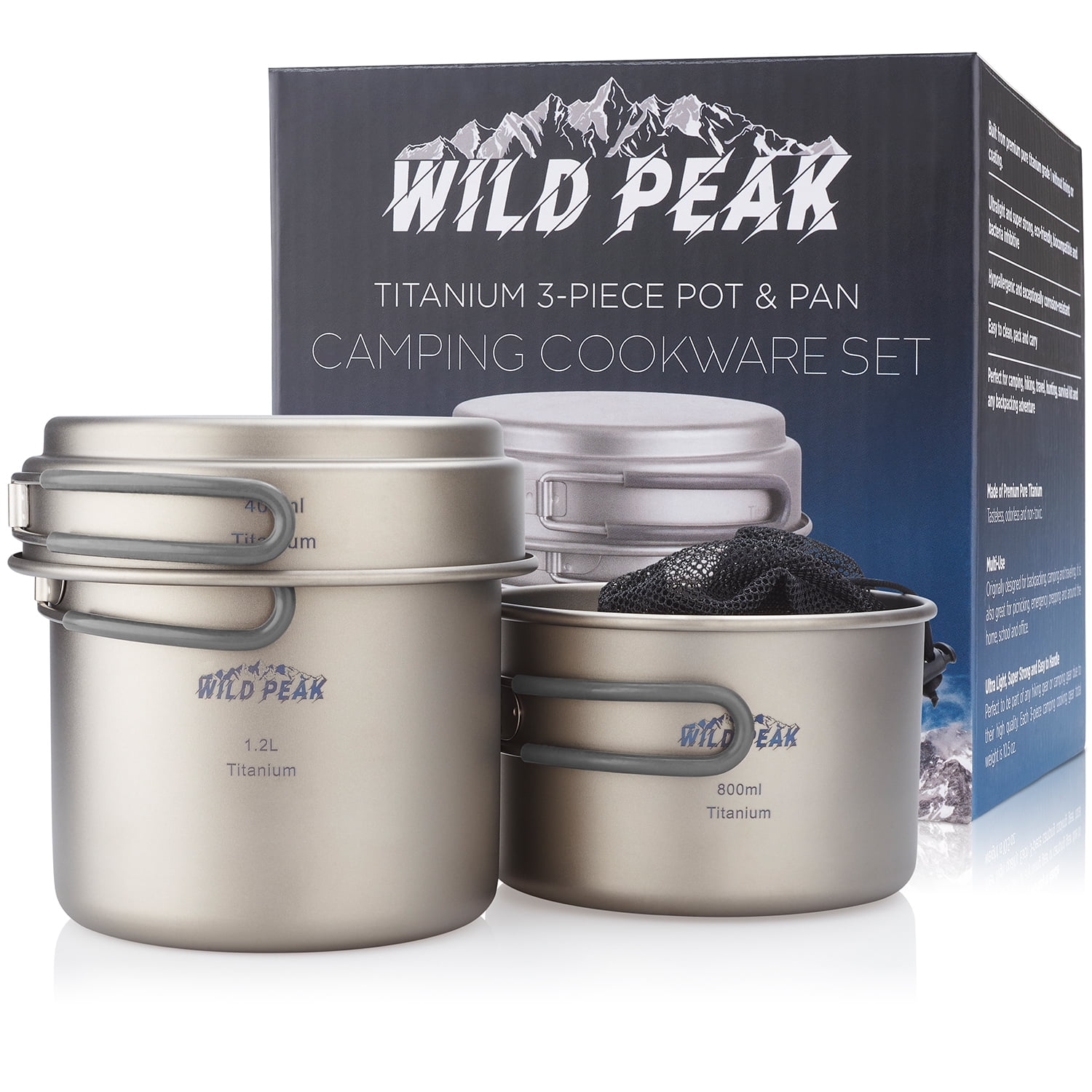 Wild Peak Titanium Lightweight 3-Piece Pot and Pan Camping Hiking Cookware  Set