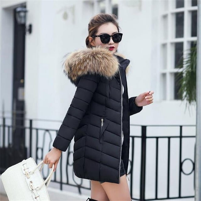 Versión coreana de invierno de la chaqueta acolchada de algodón larga y delgada para mujer, chaqueta acolchada de algodón con cuello de piel grande y plumón para mujer