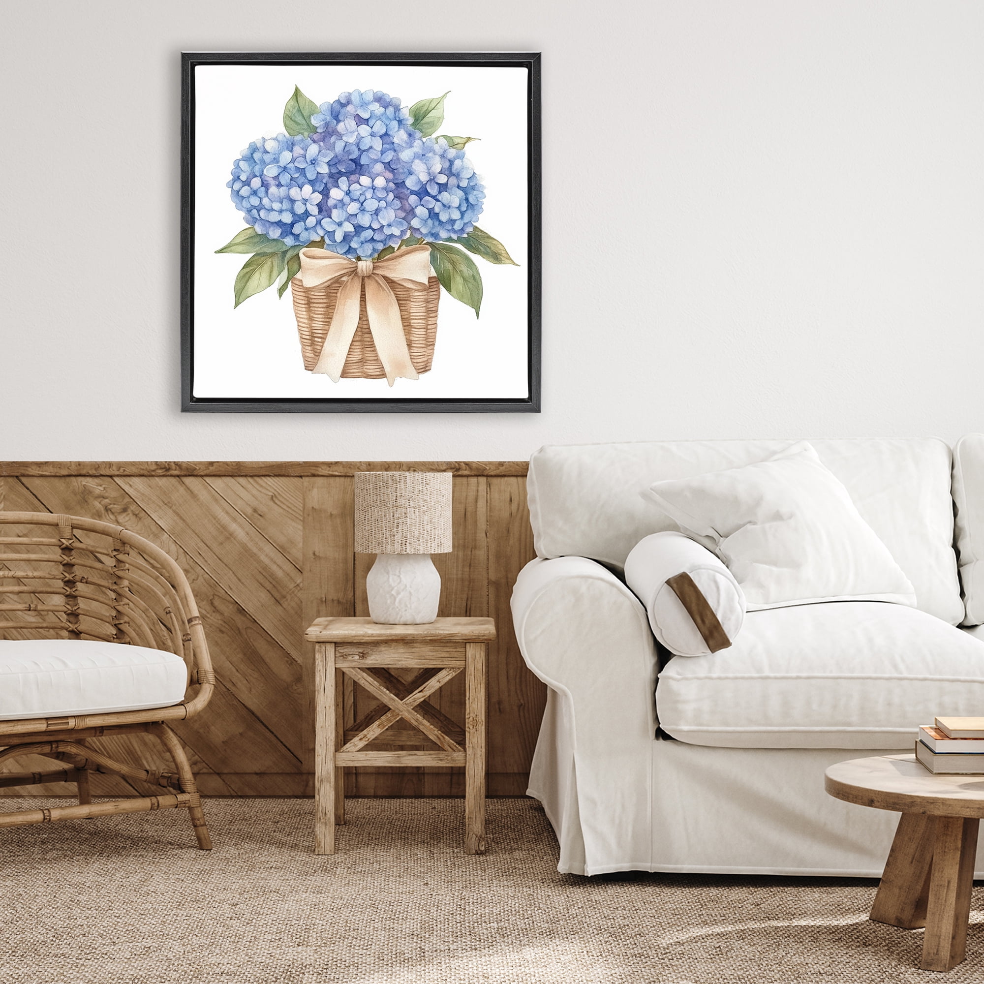 Stupell Industries Blue Hydrangea Picnic Basket Black Framed Floater Canvas Wall Art, design by Petal Prints Design