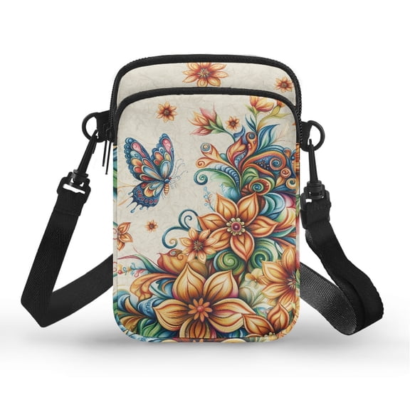HELLHERO Butterfly Floral Women Messenger Bag Adults Adult 4.33"x1.97"x7.09" with Zipper Outdoor Holiday Travel Men, Women 2 Zippers for Daily Commute Adjustable Strap