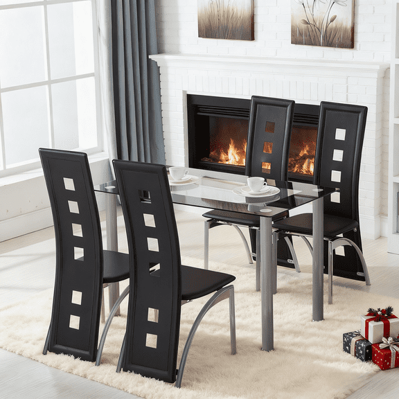 Ktaxon 5 Piece Glass Dining Table Set for 4, Kitchen Table with 4 PU Padded Chairs for Dinner, Breakfast, Black