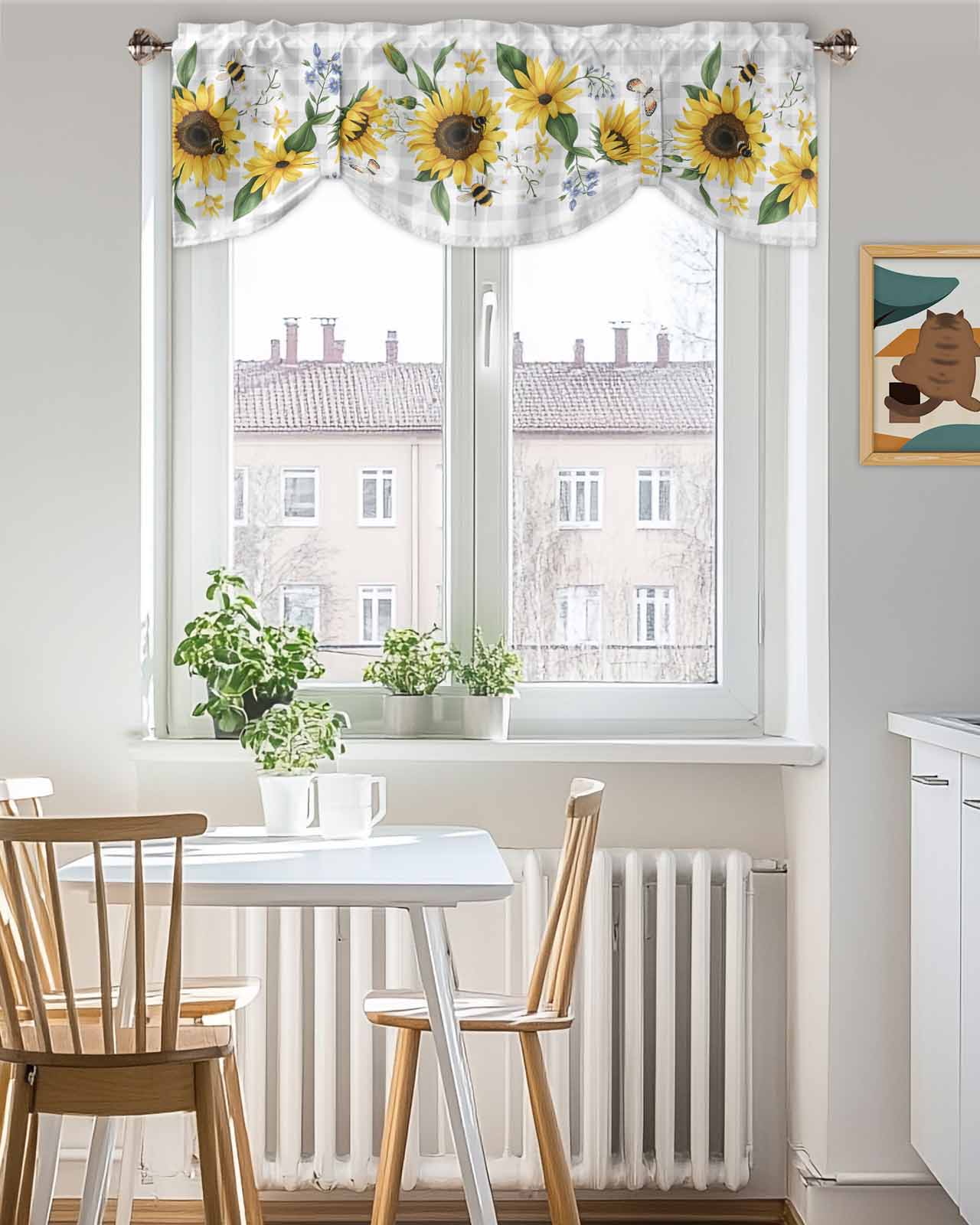 Sunflower Tie Up Valances Curtain, Adjustable Kitchen Butterfly Bee Valances for Windows Decor, Rod Pocket Short Curtains Set for Bedroom/Bathroom, 60"x18"