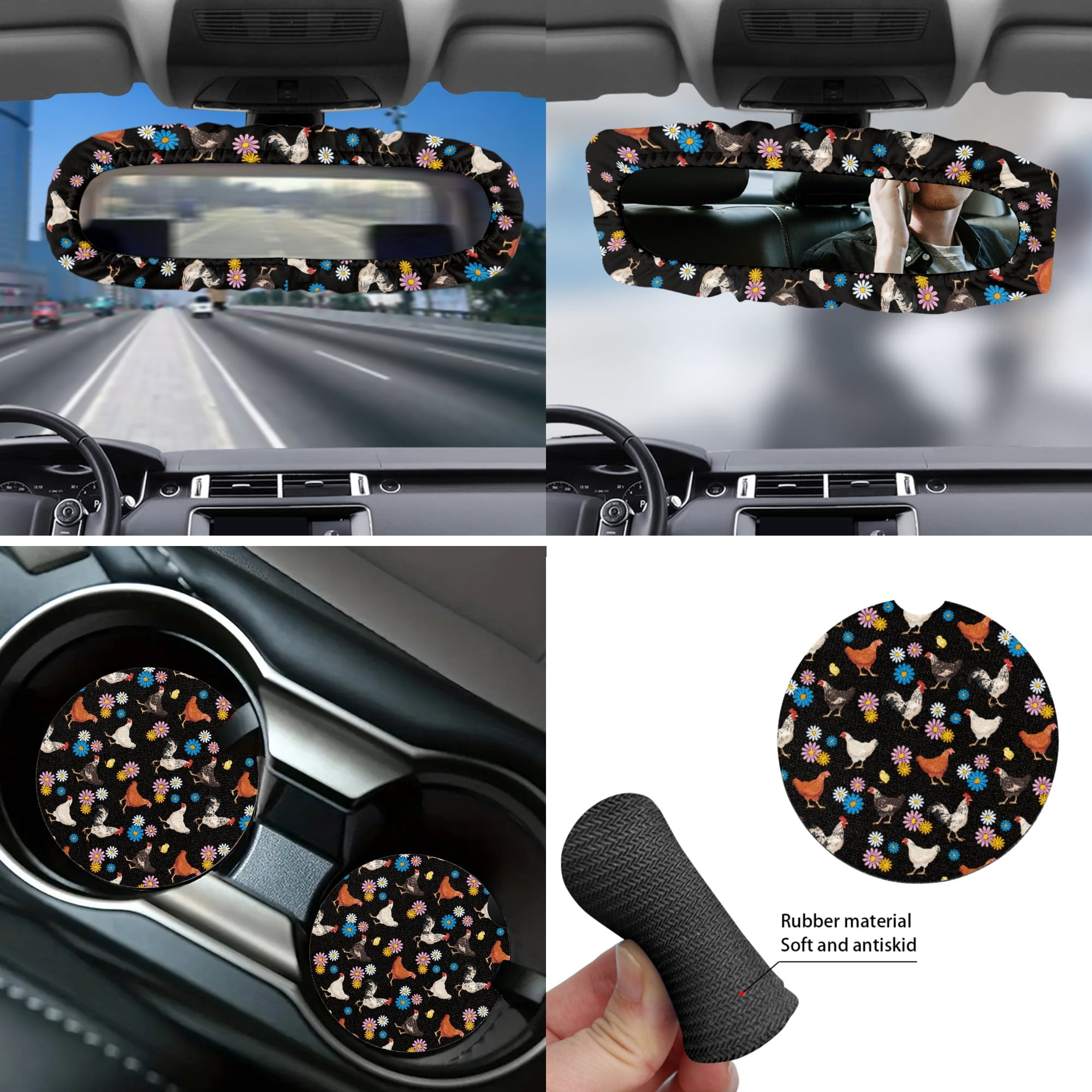 Yuyamidu 14 Pack Chicken Car Seat Covers and Steering Wheel Cover Seat Belt Strap Cover Garbage Bin Hippie Flower Armrest Cover Rearview Mirror Cover Coaster Gear Shift Knob Cover Set Fit SUV Sedan