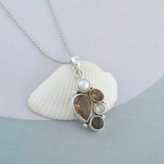 Sechi Smoky Quartz Multi Gemstone Pendant Necklace, Sterling Silver Chain, Natural Stone Jewelry