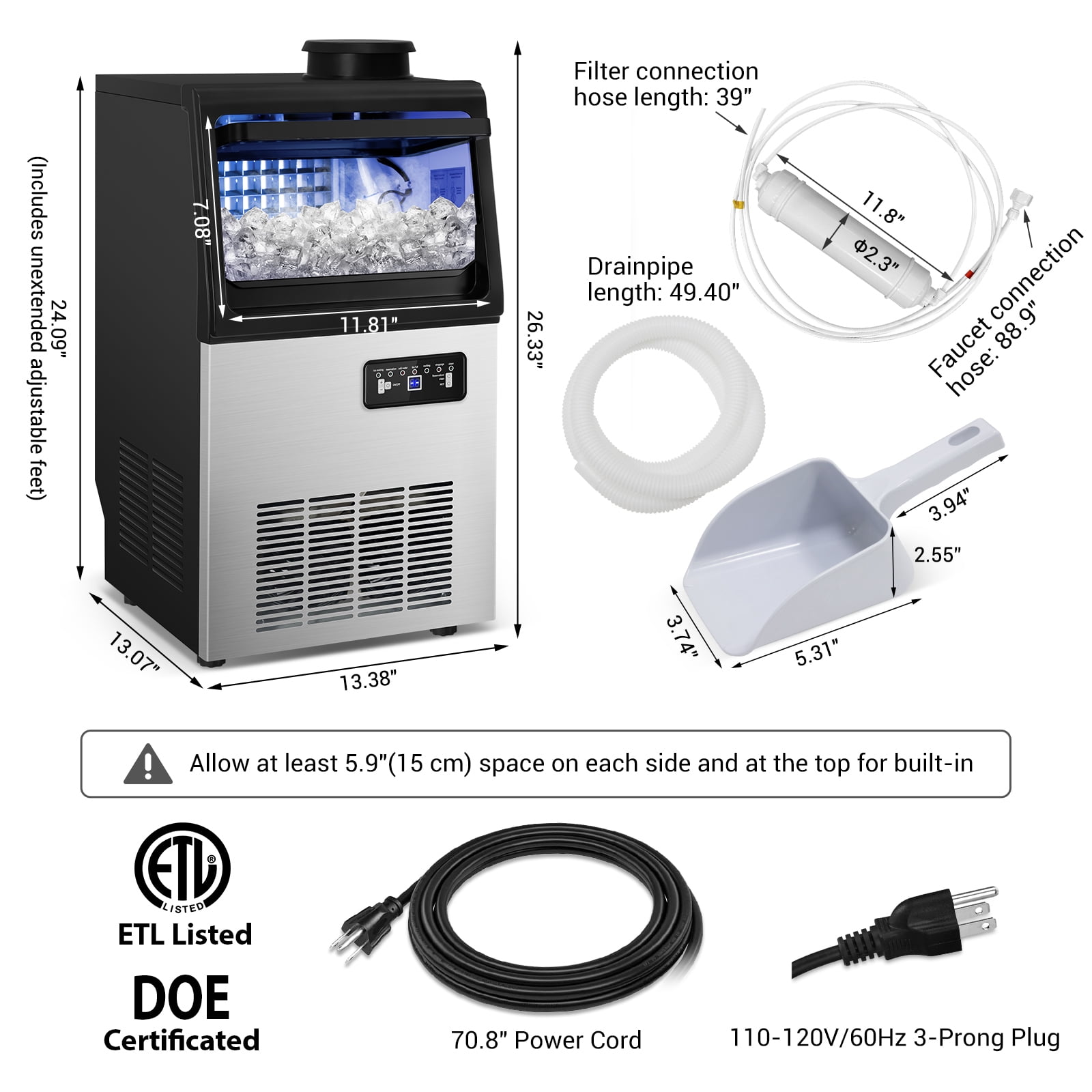 RSTLL 88lbs/24H Commercial Ice Maker Machine,Under Counter,with 15 lbs Storage Capacity,4x9 Cubed Ice,Freestanding Ice Maker for Home