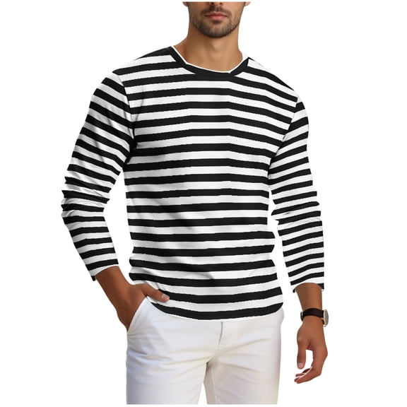 ZCFZJW Mens Shirt Striped Black White Cotton Spandex Crewneck Long Sleeve Basic Pullover Stripe Casual Athletic Workout Tee Shirt Tops Black XXXL