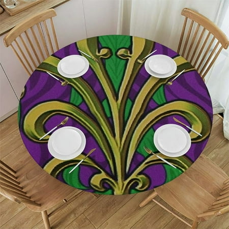 Akjvoe Mardi Gras Purple Green Stripe, Round Tablecloth Waterproof Anti-Shrink Soft Polyester Table Cloth Washable Table Cover for Banquet Home Indoor or Outdoor White