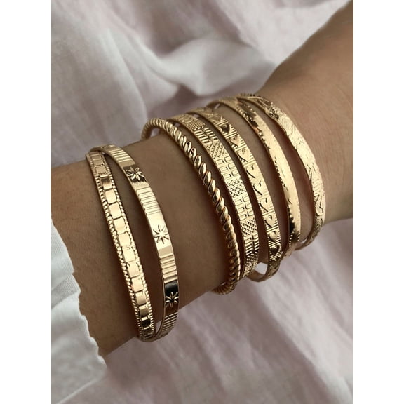 14-Piece Geometric Star & Heart Open Bangle Bracelet Set in Yellow Gold for Women