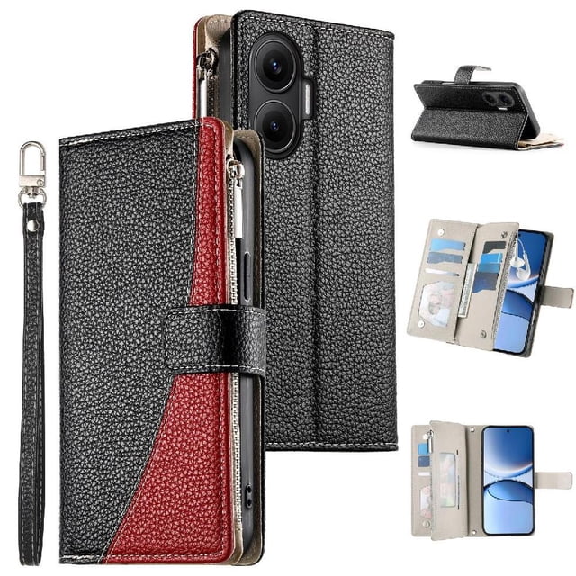 Funda cartera GANGXUN para Xiaomi POCO F7 5G , cuero PU con tarjetero, cremallera, correa de mano, soporte y protección 493°