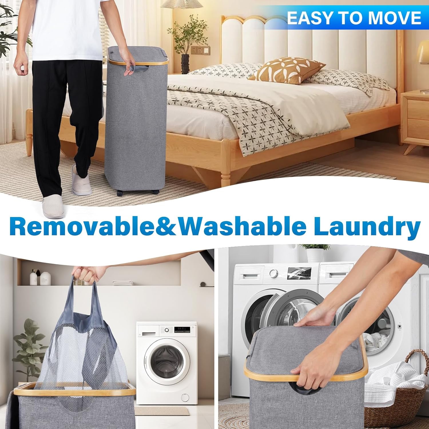 Large Laundry Basket with Wheels,100L Hampers for Laundry,Freestanding Laundry Hamper with Lid and Bamboo Handles,Collapsible & Waterproof Tall Cloth Hamper for Dorm Family（Grey）