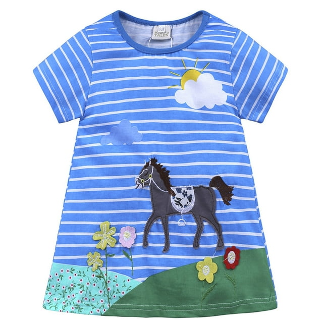 WEAIXIMIUNG Robes pour Filles Taille 16-18 Bébé Enfants Filles Manches Courtes Robe Décontractée Appliques Dessin Animé Robes Rayées