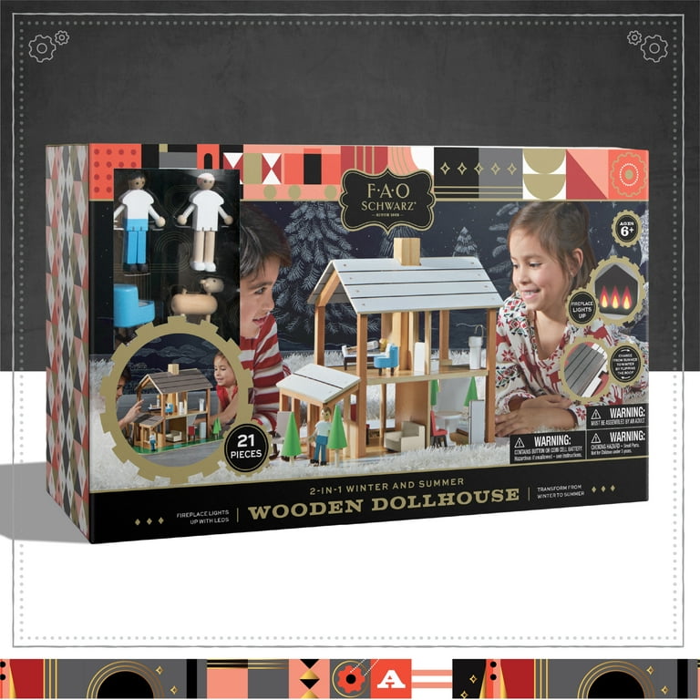 FAO Schwarz 21-Piece Wooden Dollhouse, Best Toy for Girls and Boys,  Includes Furniture and Accessories, Flip the Roof to go from Summer to  Winter 