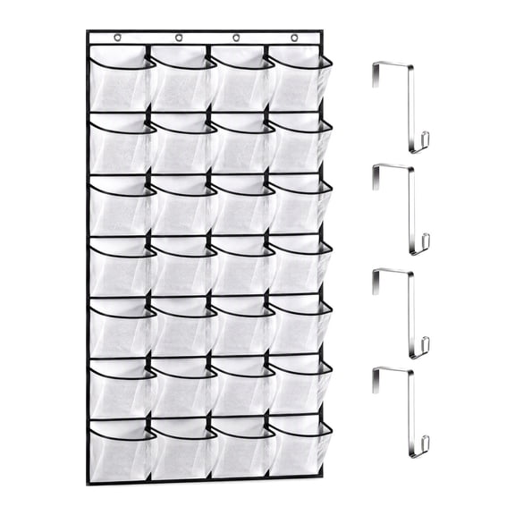 HKquanlin 28-Pocket Over The Door Shoe Organizer, Hanging Storage with 4 Hooks, White