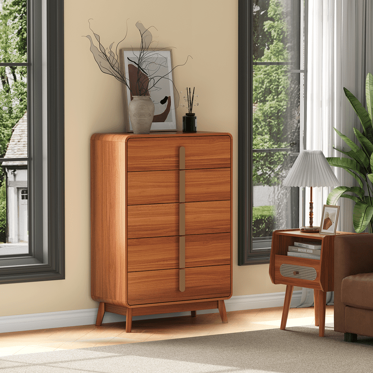 JOINICE Mid-Century Modern 5-Drawer Chest, Wood Dresser for