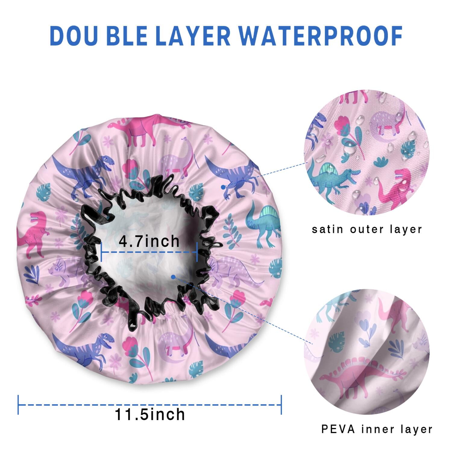 Shower Caps,Pink Dinosaurs Flowers Leaves Pattern Waterproof Shower Cap for Women 4 Pieces,Double Reusable Hair Cover for Shower PEVA Elastic Stretch Hem