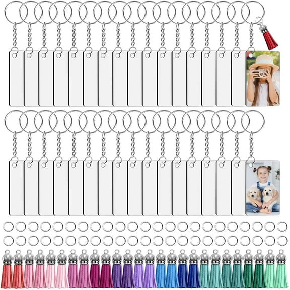 120Pcs Sublimation Keychain Blanks Bulk Set with Rectangle Sublimation Blanks Tassels Keychain Rings & Jump Rings for DIY Keychain Crafting