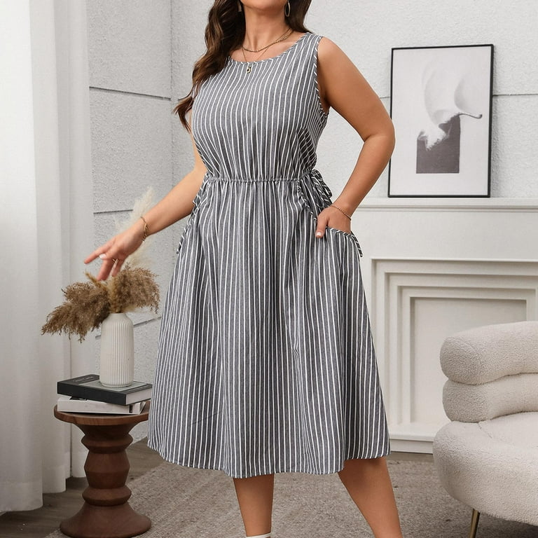 FNFYFH Womens Plus Size Striped Tank Dress Sleeveless Crewneck A Line Midi  Dress Summer Casual Business Dresses