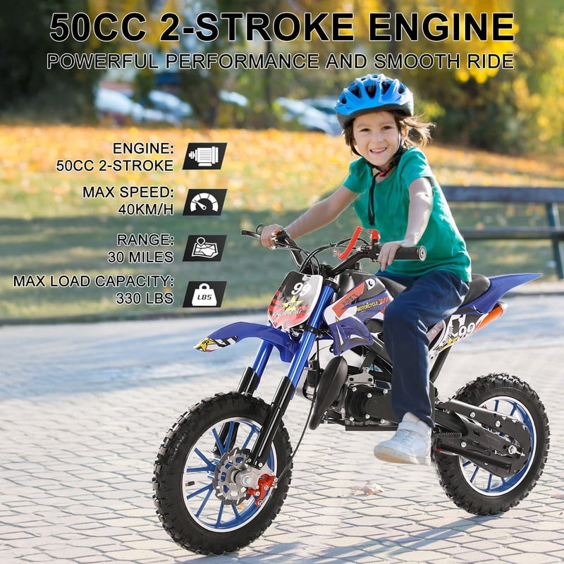 49cc Kids Dirt Bike, Upgrade Gas Dirtbike Off Road Mini Motorcycle Gas Power Motocross Vehicles, Children Pocket Motorbike with Dual Disc Brakes, Ideal Gift for 8-16 Boys Girls, Loading 220LBS
