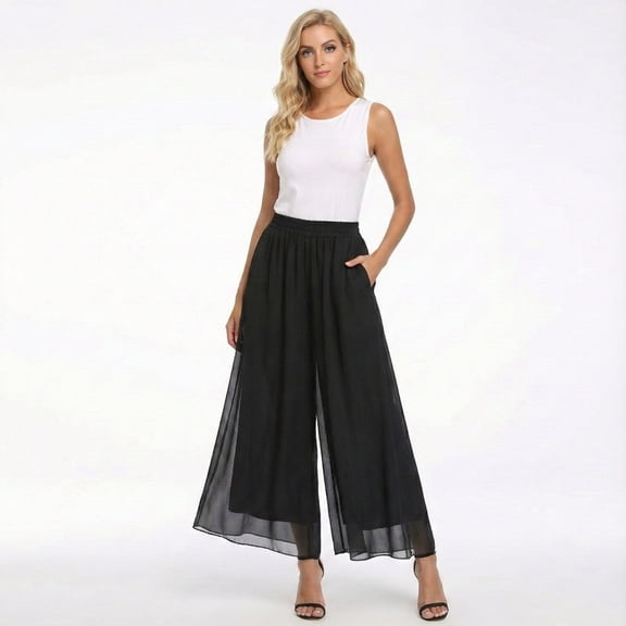 Womens Culottes Pants High Waist Solid Satin Chiffon Palazzo Pants Wide Leg Ankle Lightweight Soft Trousers