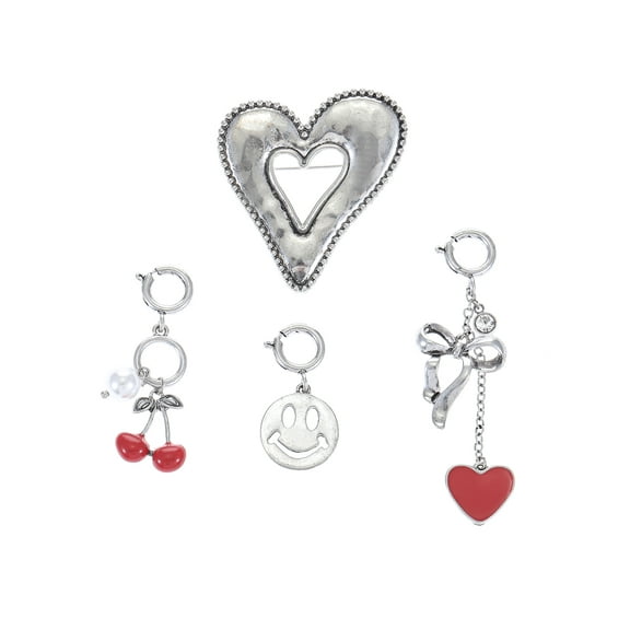 No Boundaries Silvertone Heart Pin and Charm Set, 4 Pieces