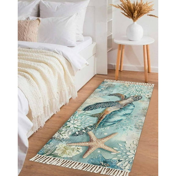 Sea Turtle Coastal Hallway Runner Rug 2x6ft,Vintage Teal Nautical Beach Botanical Washable Woven Living Room Bedroom Kitchen Bathrom Carpet with Tassels,Indoor Outdoor Throw Door Mat for Entryway