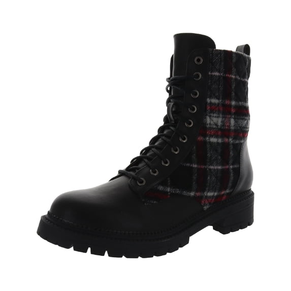 Rock &Candy Womens Black Plaid Side Zip Quilted Max Round Toe Stacked Heel Lace-Up Combat Boots 8