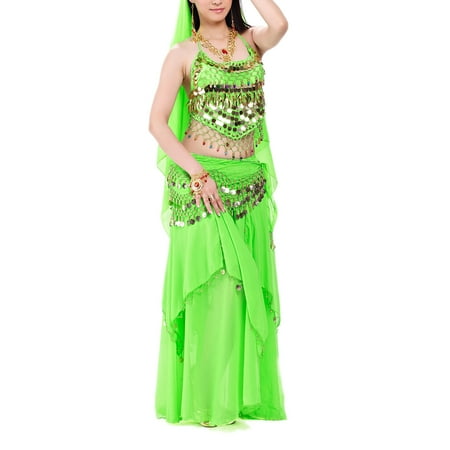 BellyLady Halloween Belly Dance Costume, Halter Bra Top, Hip Scarf and Skirt-Green