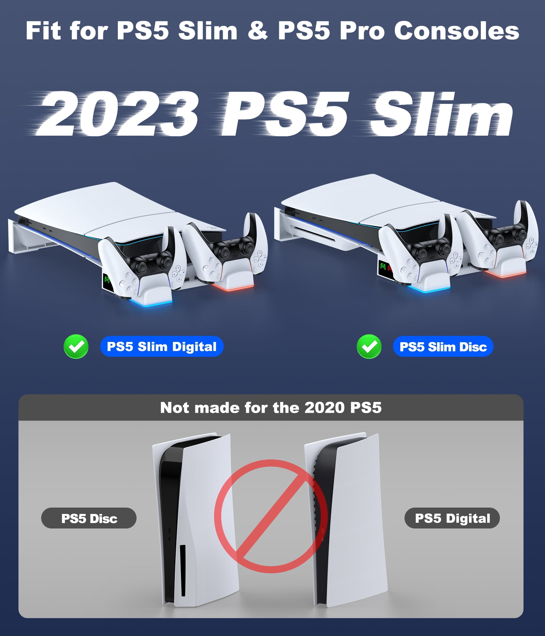PS5 Slim Horizontal Stand Station with Controller Charger for Playstation 5 Pro/PS5 Slim Digital & Disc Console with Fast Charging