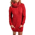 thumbnail image 3 of Vestido casual de punto con cuello alto y manga larga con bolsillo Vestido tipo suéter suelto para mujer Rojo L, 3 of 6