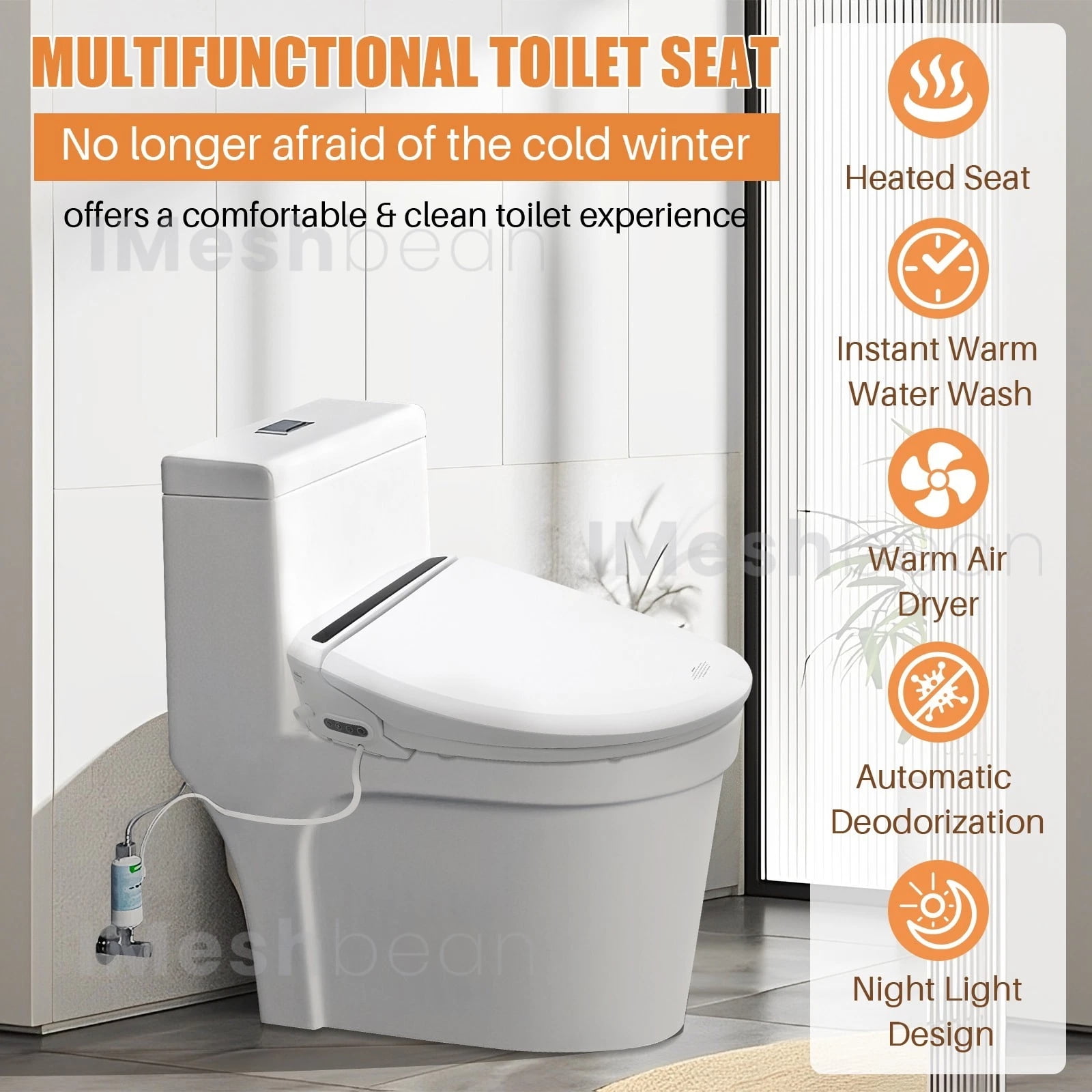 iMeshbean Electric Bidet Toilet Seat, Elongated Smart Heated Bidet, LCD Auto Flush w/ Night Light