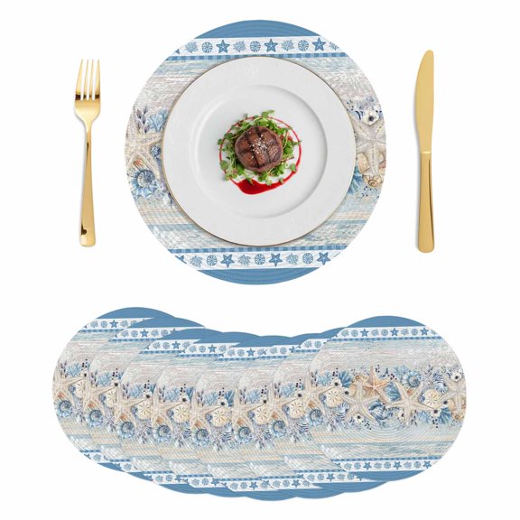 Blue Starfish Coastal Round 13 Inch Placemats Set of 8, Nautical Ocean Summer Coral Shell Botanical HeatResistant Non Slip Place Mats for Dining Table, Wipeable Kitchen Table Mats for Housewarming