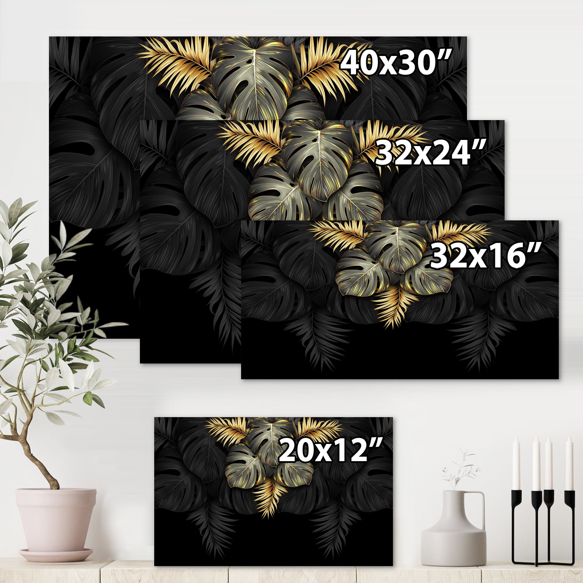 Gold and Black Tropical Leaves IV 32 in x 24 in Painting Canvas Art Print, by Designart
