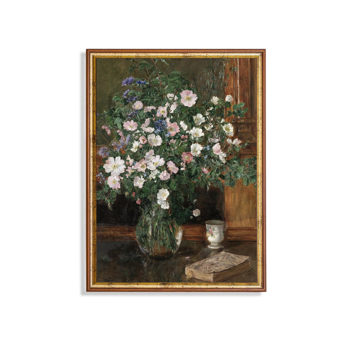 Vintage Floral Still Life Roses Wall Art Print Book And Teacup Botanical Bedroom And Living Room Decor