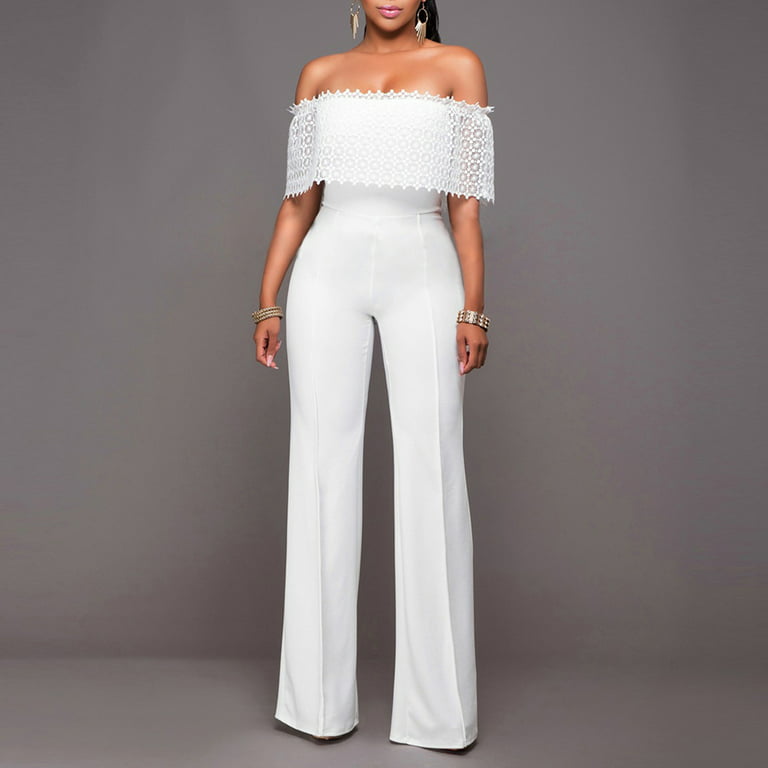 MELDVDIB Jumpsuits for Women White Strapless Fashion Casual Solid Color  Lace Side Zipper Jumpsuit Overalls 