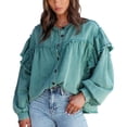 thumbnail image 1 of Chaqueta con botones de manga larga para mujer, prendas de vestir con mangas abullonadas y volantes de cuentas de Color puro a la moda para citas Esmeralda M, 1 of 6