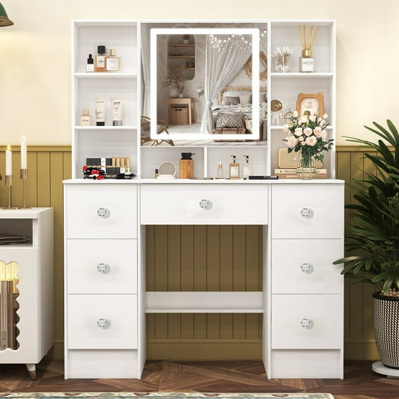 Ciumeeo Makeup Vanity Desk with Mirror and Lights, Makeup Table with 7 Drawers and Shelves Dressing Table for Bedroom, White