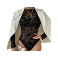 thumbnail image 3 of Women Sheer Mesh Bodysuit Long Sleeve Round Neck Floral One Piece See Through Bodycon Bodysuit Top Leotard Clubwear (Black, M), 3 of 9