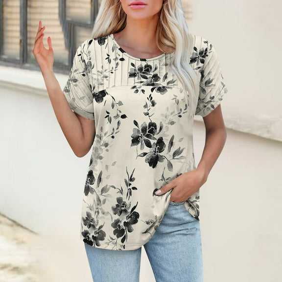 Bovemsi Womens T Shirts Casual Summer Tops Pleated Crewneck Short Sleeve Blouses Trendy Beach Vacation Clothes, Gold Women's Summer Short Sleeve T-Shirts, S